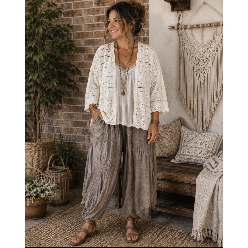 80 Park Womens Open Knit Cardigan Ivory Size 3X Lagenlook Boho Layer Coastal